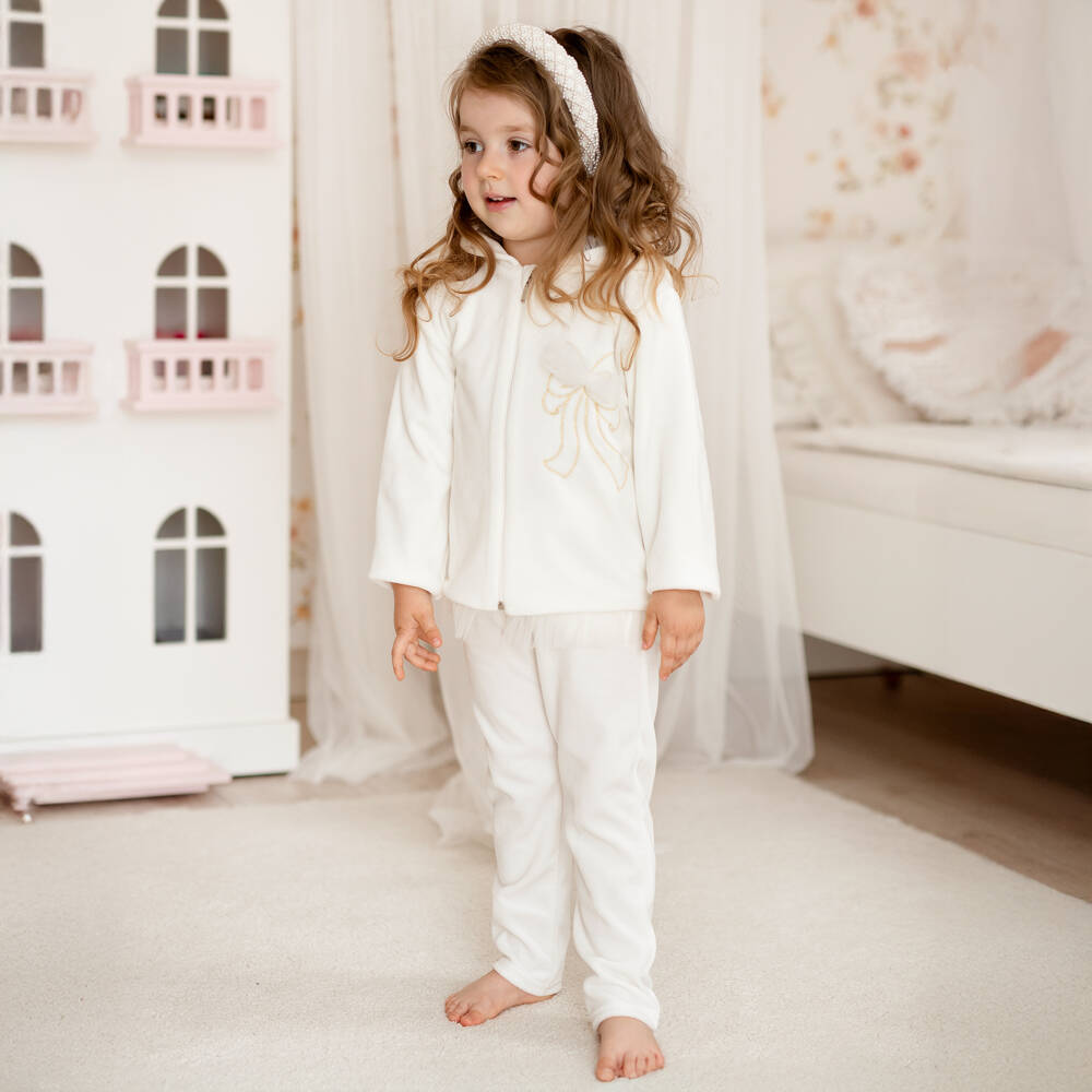 Sofija-Girls Ivory Velour Tracksuit with Embroidered & Tulle Bow | Childrensalon