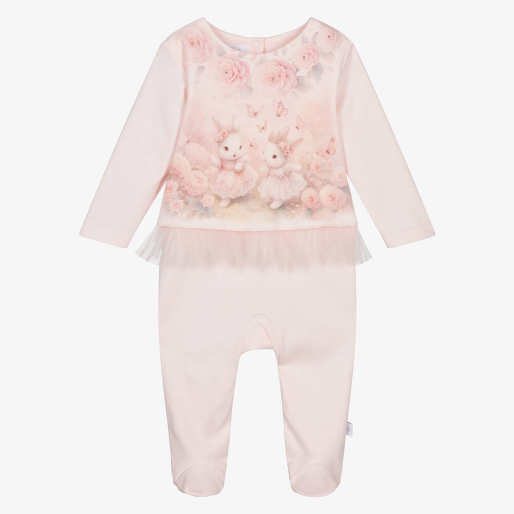 Sofija-Girls Pale Pink Cotton Babygrow with Bunnies Motif | Childrensalon
