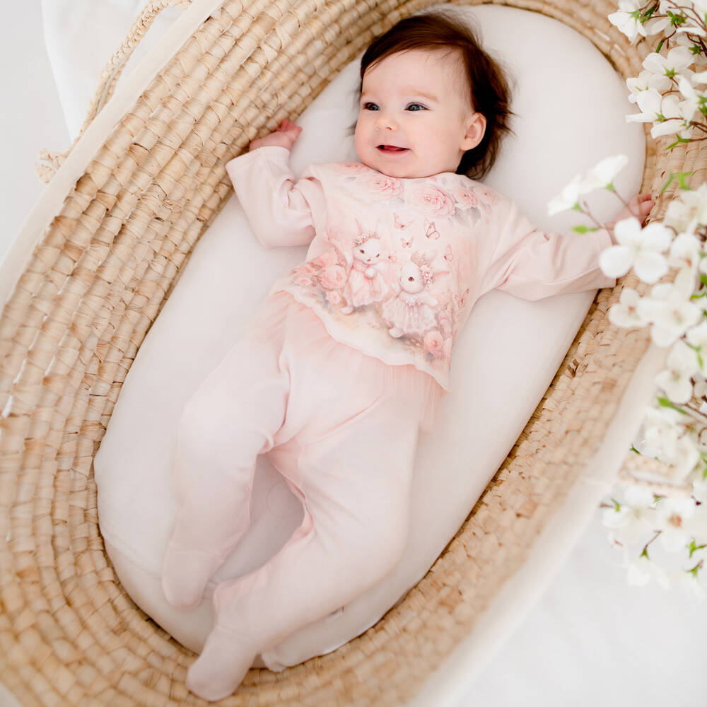 Sofija-Girls Pale Pink Cotton Babygrow with Bunnies Motif | Childrensalon