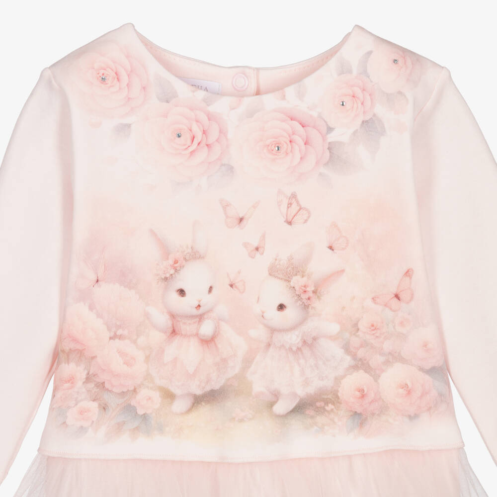 Sofija-Girls Pale Pink Cotton Babygrow with Bunnies Motif | Childrensalon