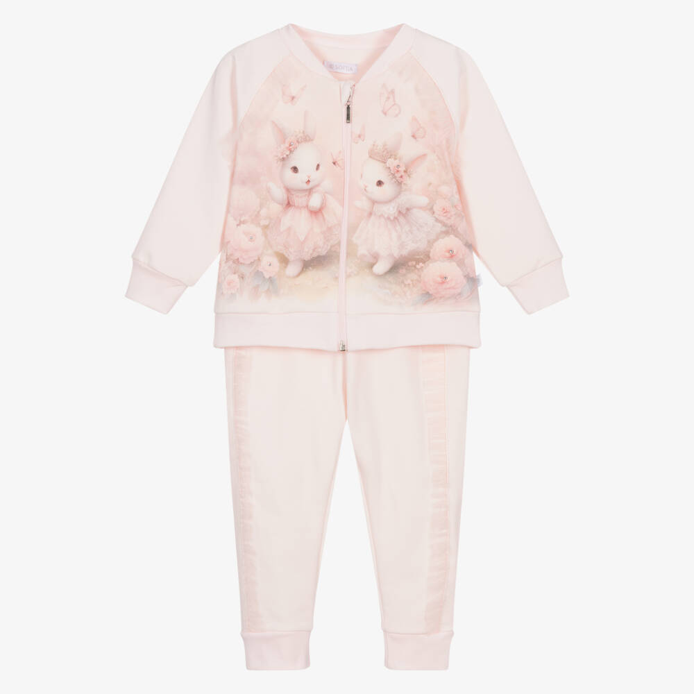 Sofija-Girls Pale Pink Cotton Tracksuit with Bunnies Motif | Childrensalon