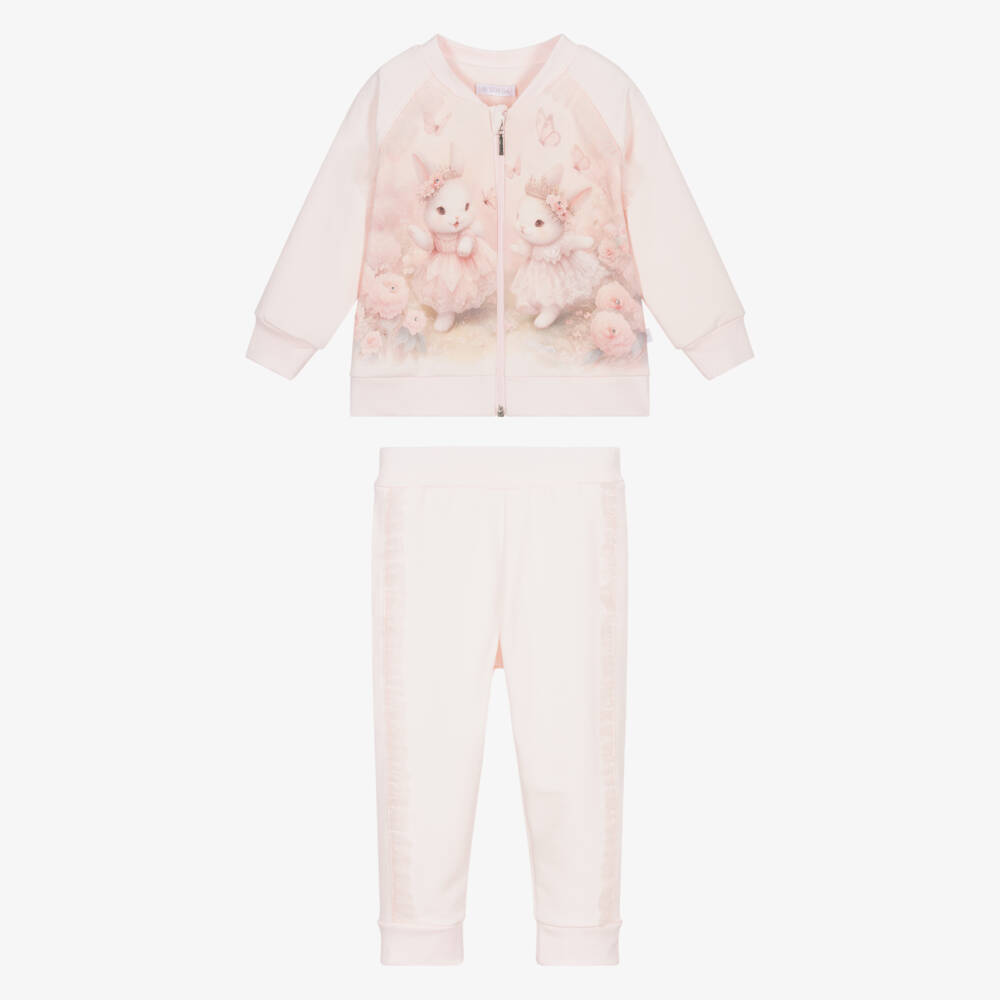 Sofija-Girls Pale Pink Cotton Tracksuit with Bunnies Motif | Childrensalon