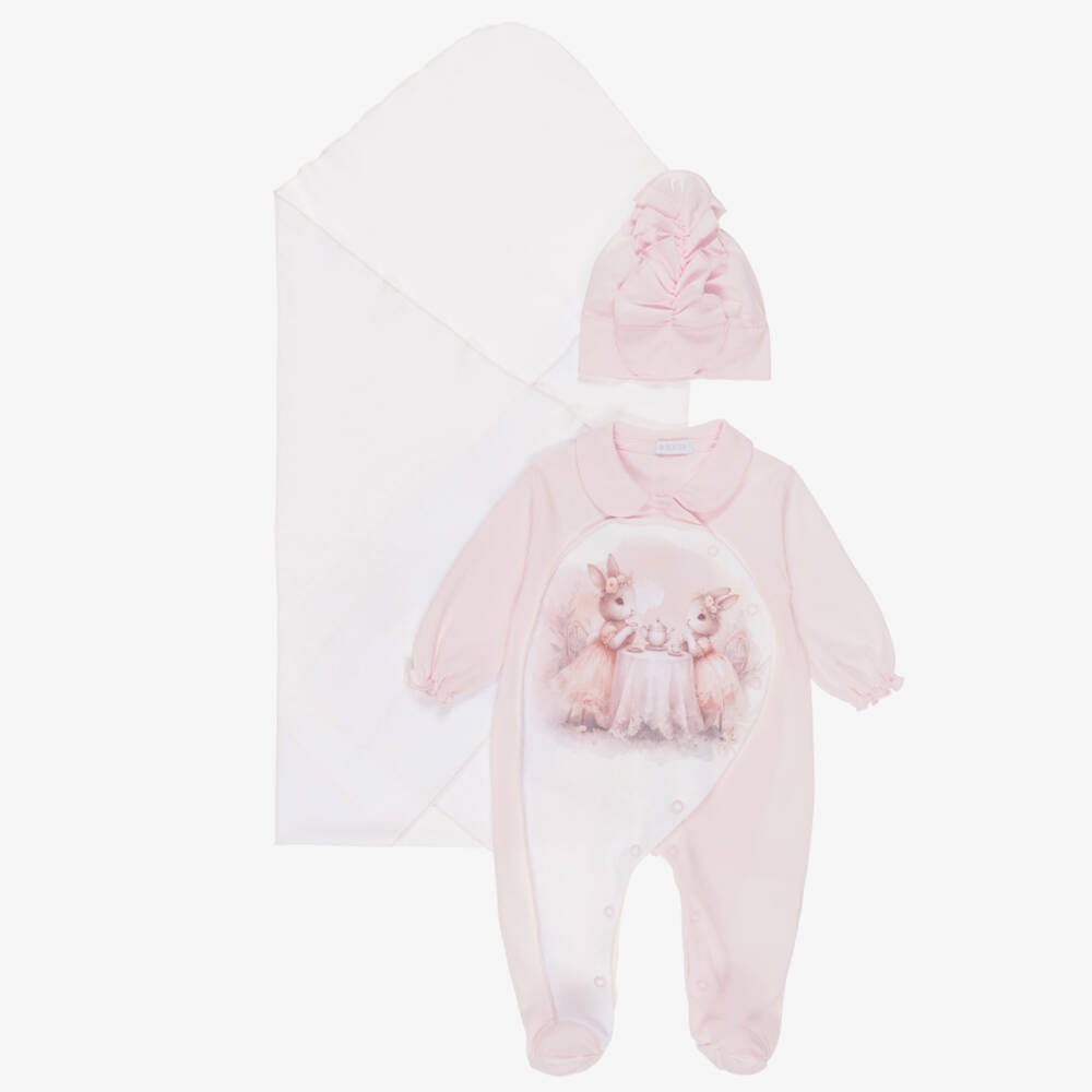 Sofija-Girls Pink Cotton Rabbit Tea Party Babygrow Set | Childrensalon