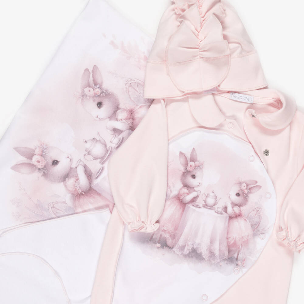 Sofija-Girls Pink Cotton Rabbit Tea Party Babygrow Set | Childrensalon