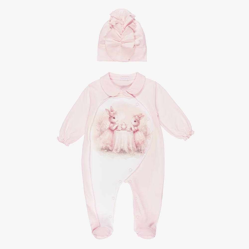 Sofija-Girls Pink Cotton Rabbit Tea Party Babygrow Set | Childrensalon