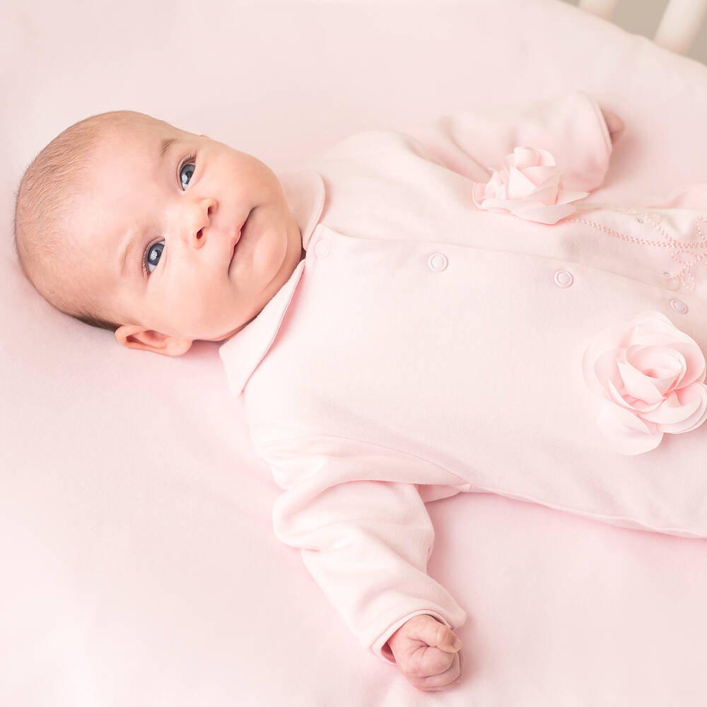 Sofija-Girls Pink Cotton Rose Babygrow | Childrensalon