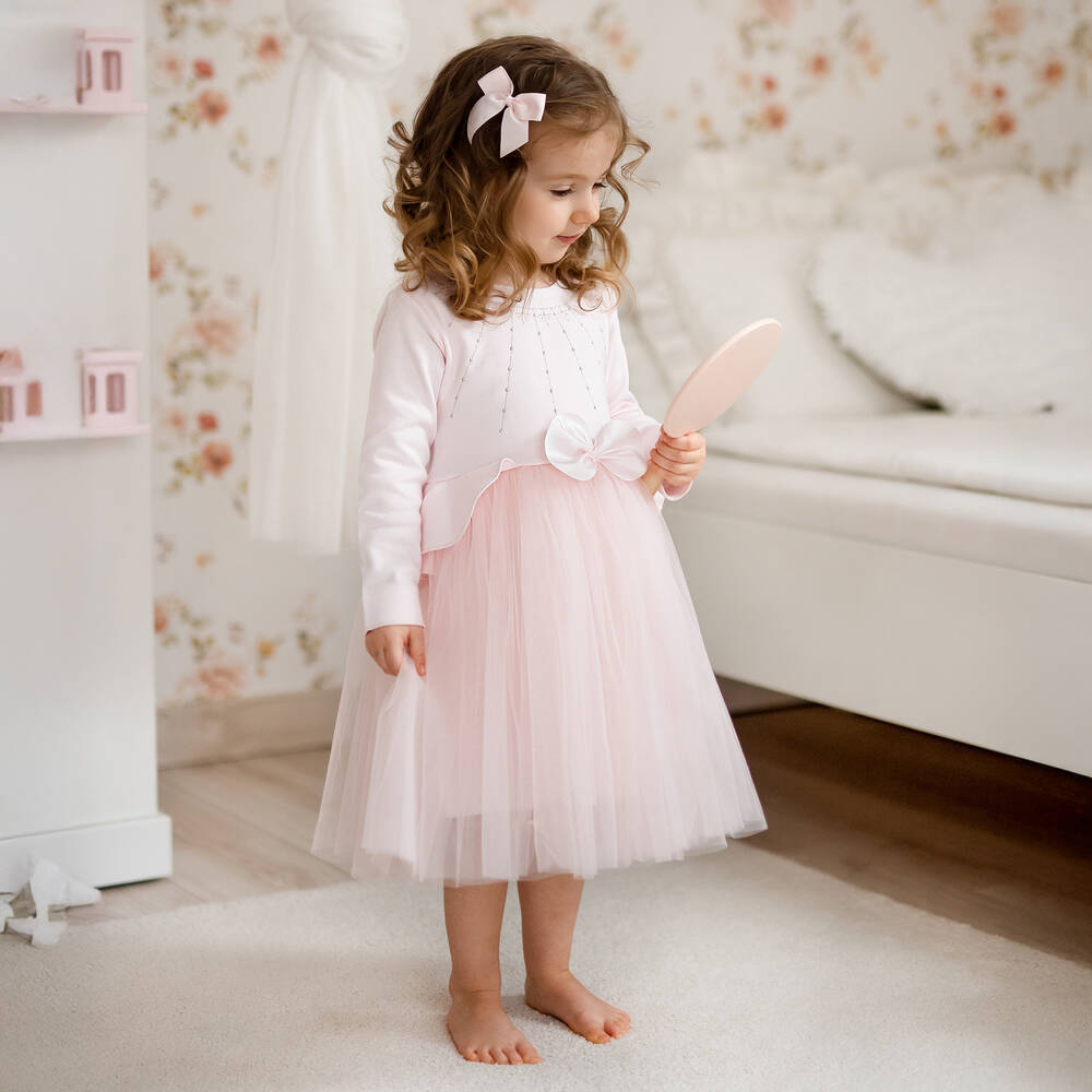 Sofija-Girls Pink Cotton & Tulle Dress | Childrensalon