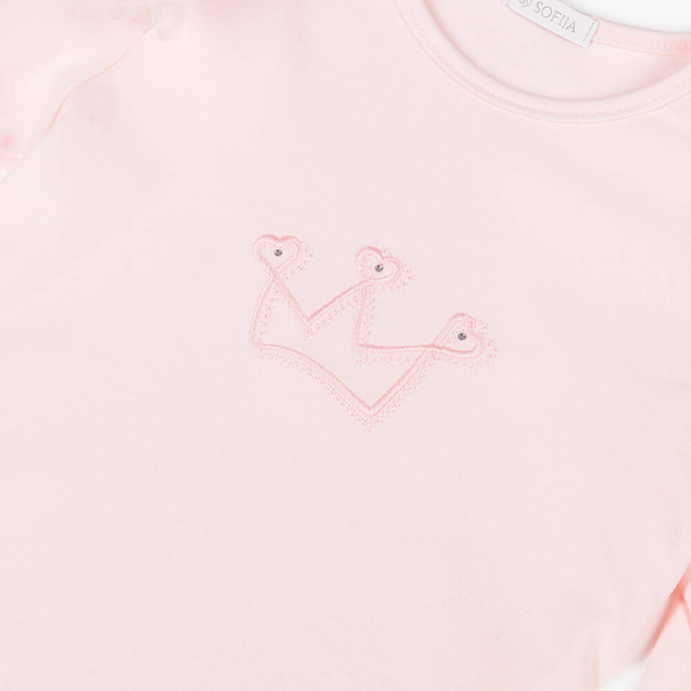 Sofija-Girls Pink Cotton & Tulle Skirt Set with Crown Motif | Childrensalon