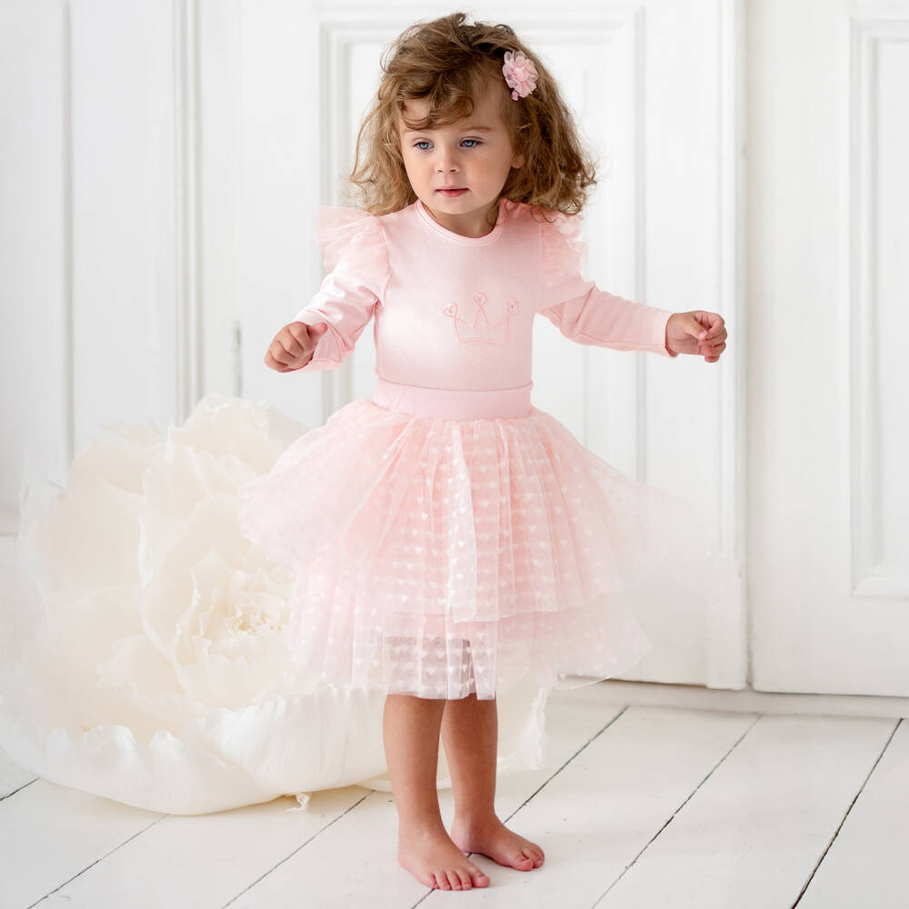 Sofija-Girls Pink Cotton & Tulle Skirt Set with Crown Motif | Childrensalon