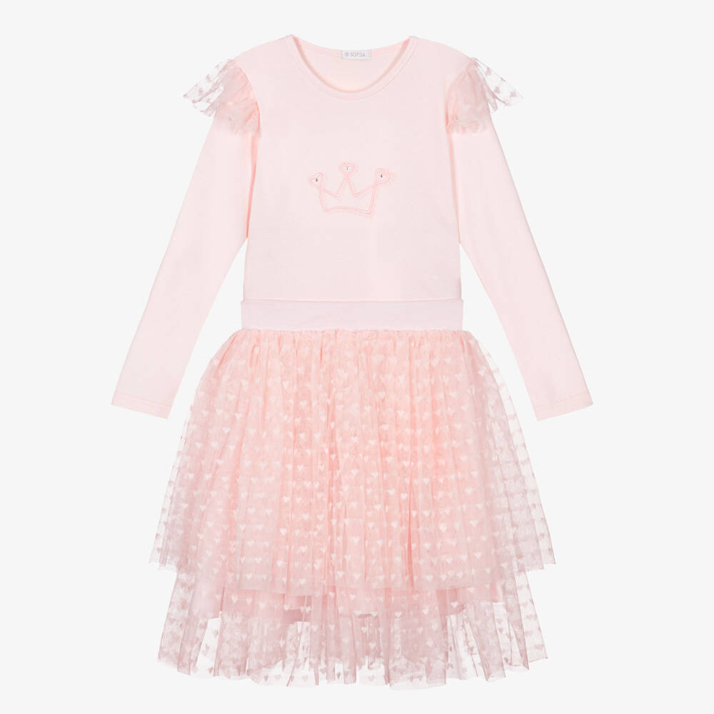 Sofija-Girls Pink Cotton & Tulle Skirt Set with Crown Motif | Childrensalon