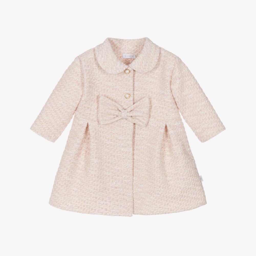 Sofija-Girls Pink Cotton Tweed Coat | Childrensalon