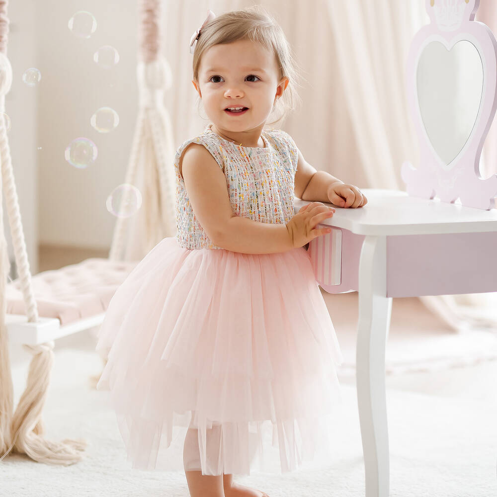 Sofija-Розовое платье из хлопкового твида и тюля для девочек | Childrensalon