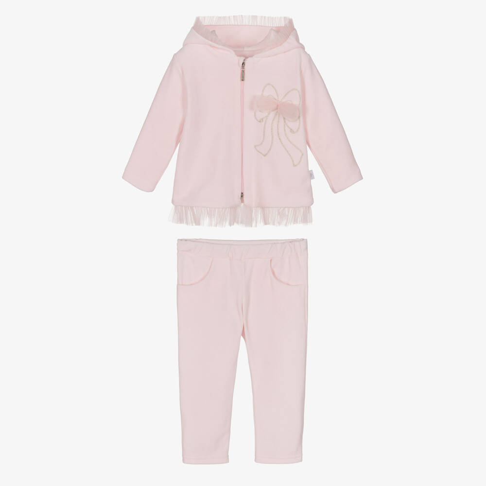 Sofija-Спортивный костюм розовый велюровый с вышитым и тюлевым бантом для девочек | Childrensalon
