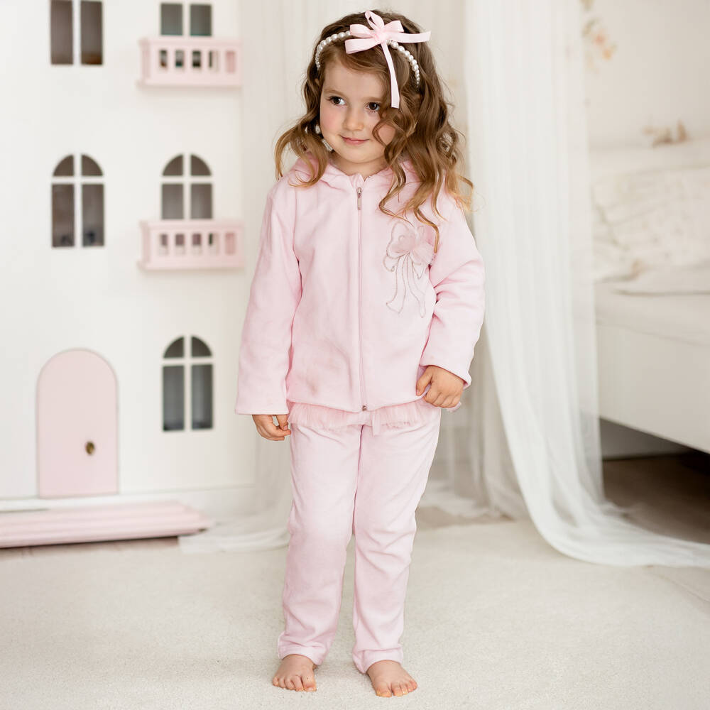 Sofija-Спортивный костюм розовый велюровый с вышитым и тюлевым бантом для девочек | Childrensalon