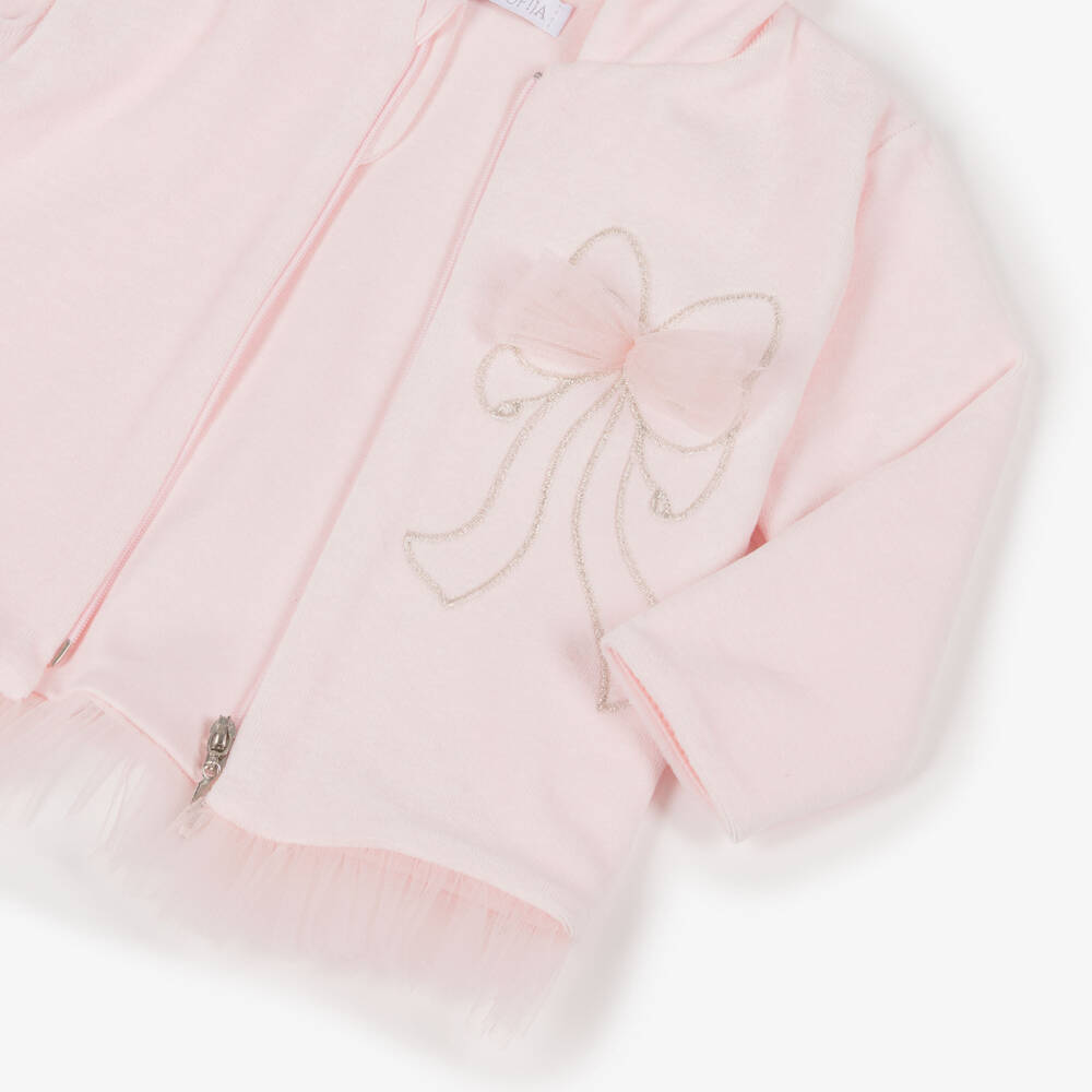 Sofija-Спортивный костюм розовый велюровый с вышитым и тюлевым бантом для девочек | Childrensalon