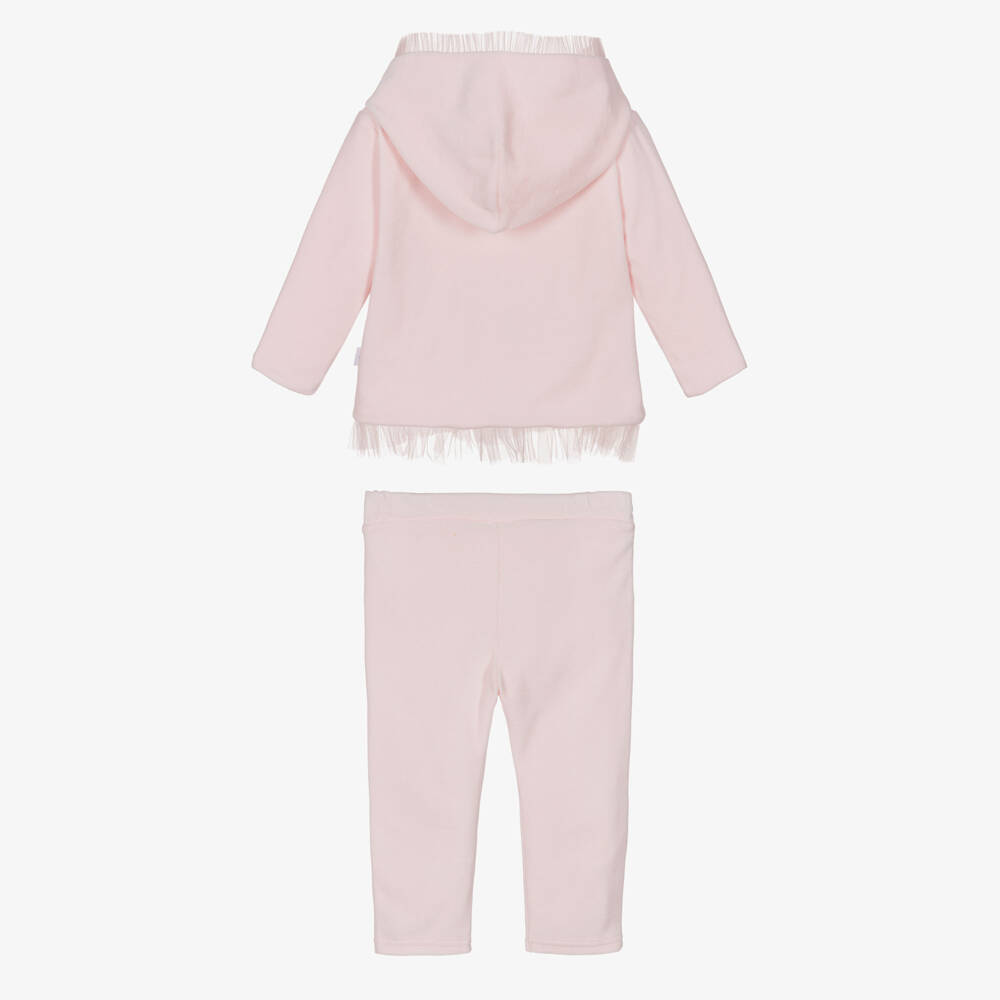 Sofija-Спортивный костюм розовый велюровый с вышитым и тюлевым бантом для девочек | Childrensalon