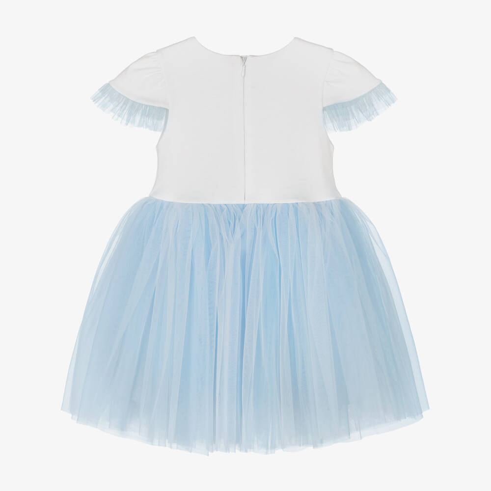 Sofija-Girls White & Blue Cotton Jersey & Tulle Flower Print Dress | Childrensalon