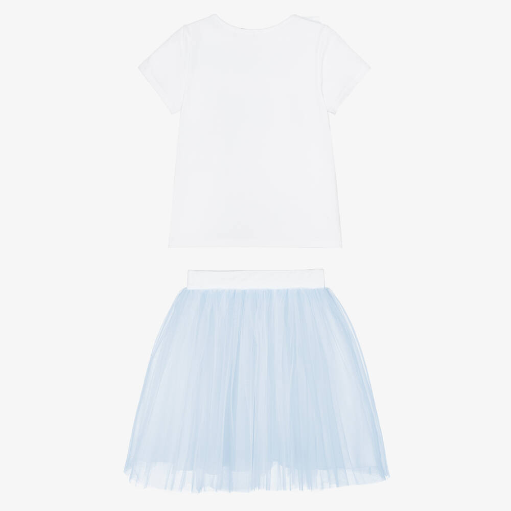 Sofija-Girls White & Blue Cotton Jersey & Tulle Skirt Set | Childrensalon