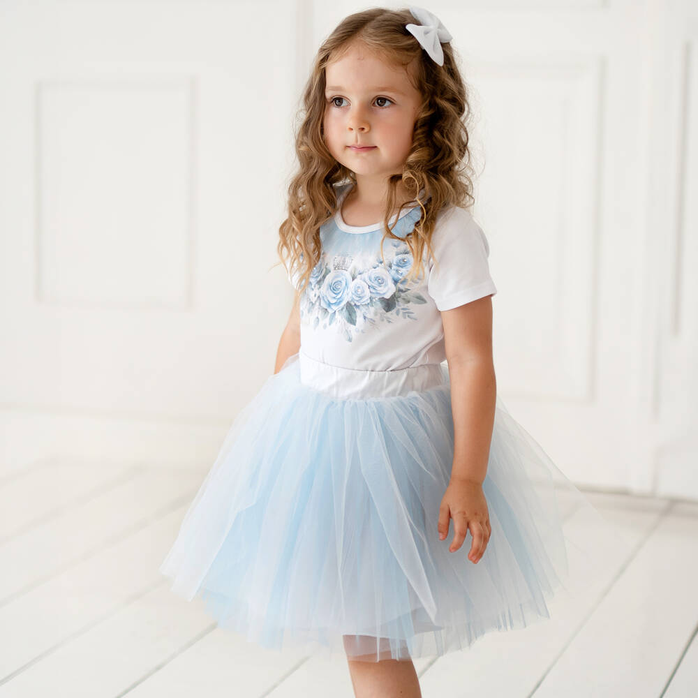 Sofija-Girls White & Blue Cotton Jersey & Tulle Skirt Set | Childrensalon
