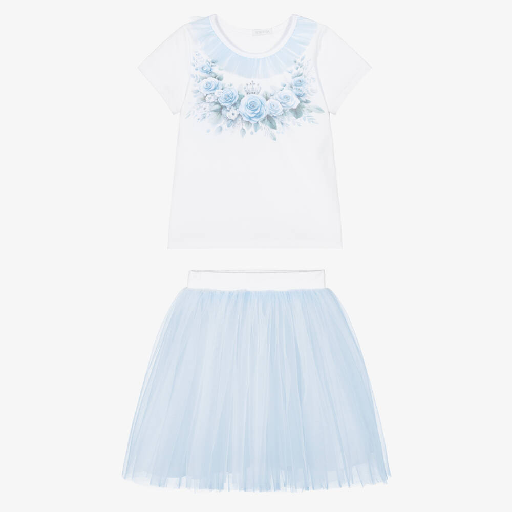 Sofija-Girls White & Blue Cotton Jersey & Tulle Skirt Set | Childrensalon