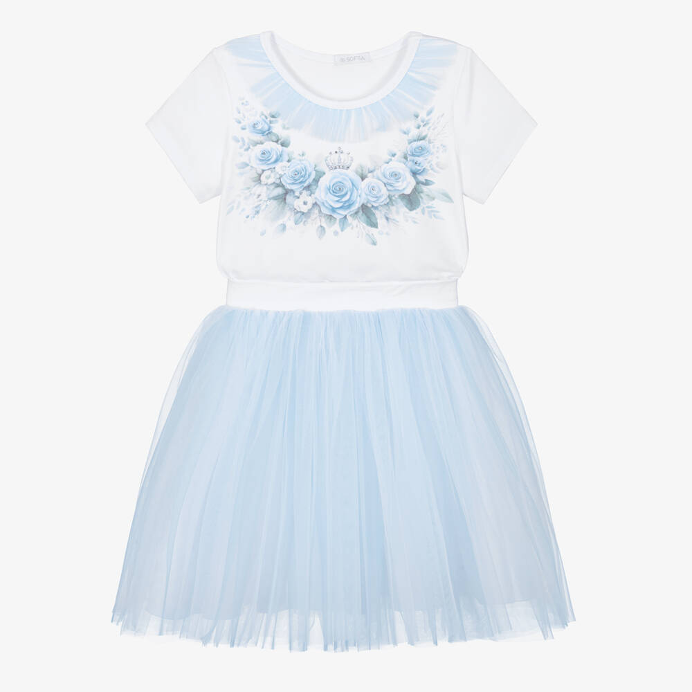 Sofija-Girls White & Blue Cotton Jersey & Tulle Skirt Set | Childrensalon