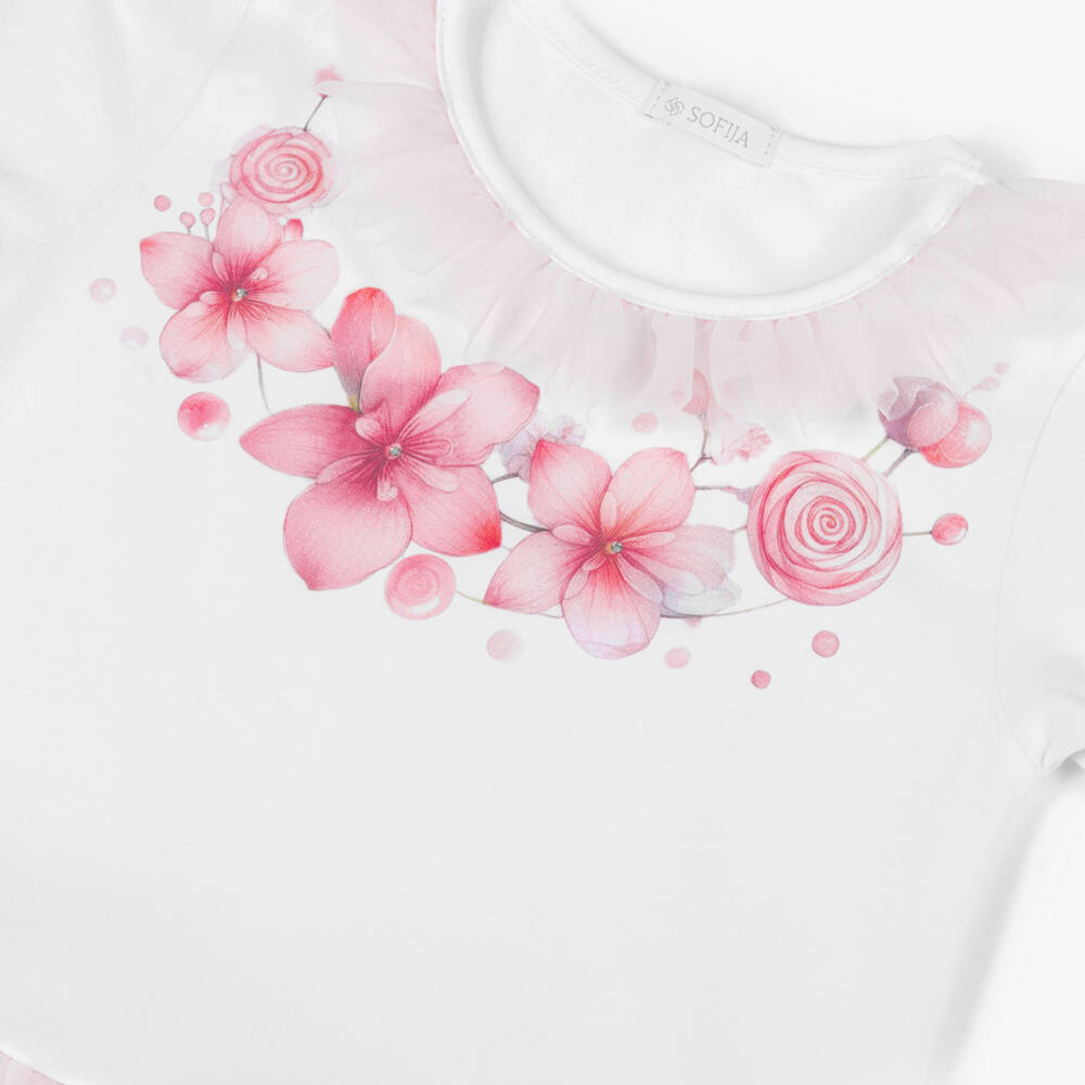 Sofija-Girls White Jersey & Pink Tulle Dress with Floral Print | Childrensalon
