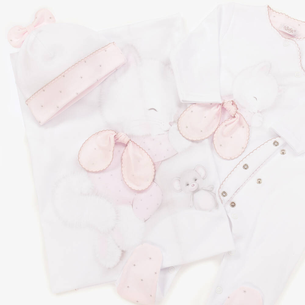 Sofija-Girls White Kitten Print Cotton Babysuit Gift Set | Childrensalon