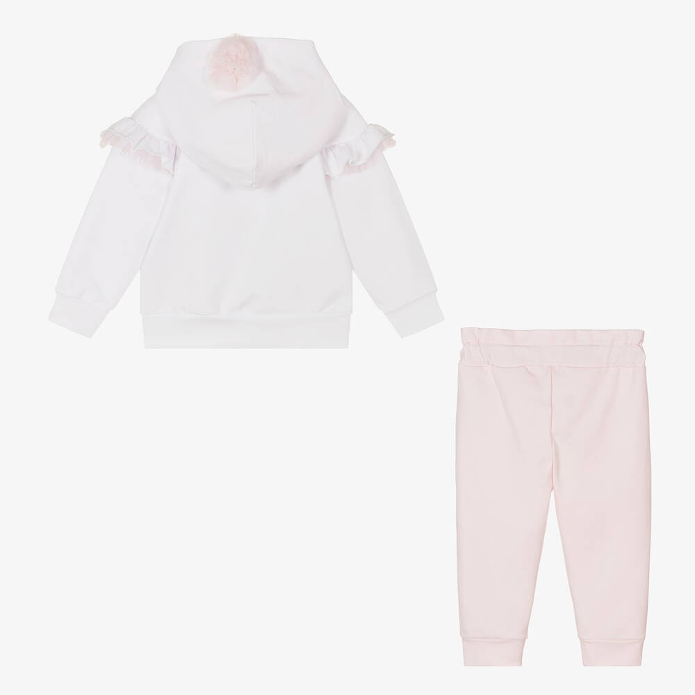 Sofija-Girls White & Pink Cotton Tracksuit | Childrensalon