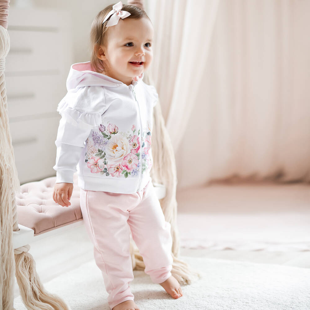 Sofija-Girls White & Pink Cotton Tracksuit | Childrensalon