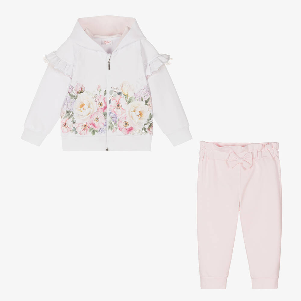 Sofija-Girls White & Pink Cotton Tracksuit | Childrensalon