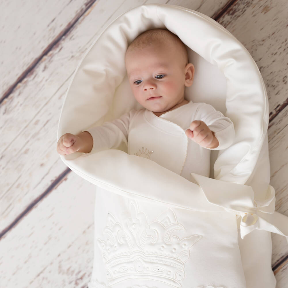 Sofija-Ivory Cotton Jersey Baby Nest with Crown (64cm) | Childrensalon