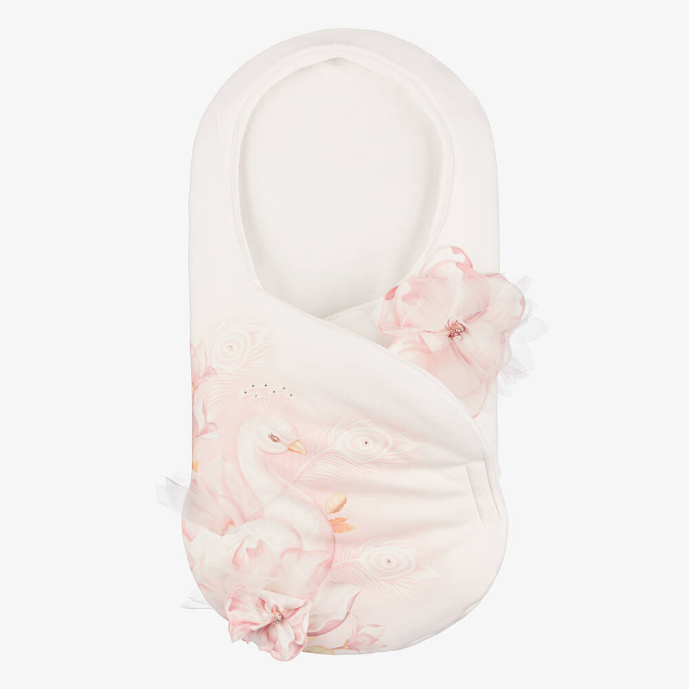 Sofija- Ivory Peacock Print Cotton Baby Nest (66cm) | Childrensalon