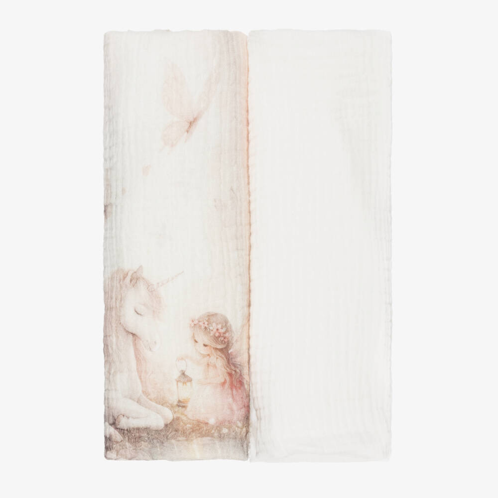 Sofija-Ivory & Unicorn Print Cotton Muslins (2 Pack) | Childrensalon
