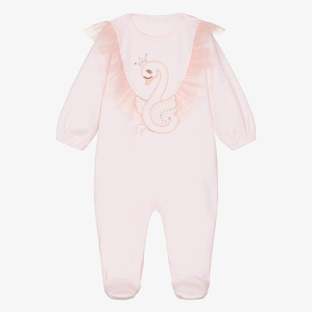 Sofija-Pink Swan Cotton Babygrow  | Childrensalon