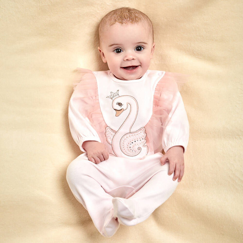 Sofija-Pink Swan Cotton Babygrow  | Childrensalon