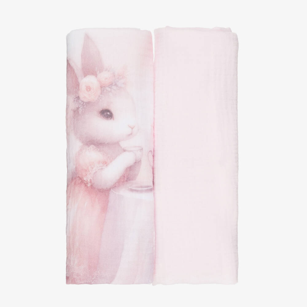Sofija-Pink & White Cotton Bunny Print Muslins (2 Pack) | Childrensalon
