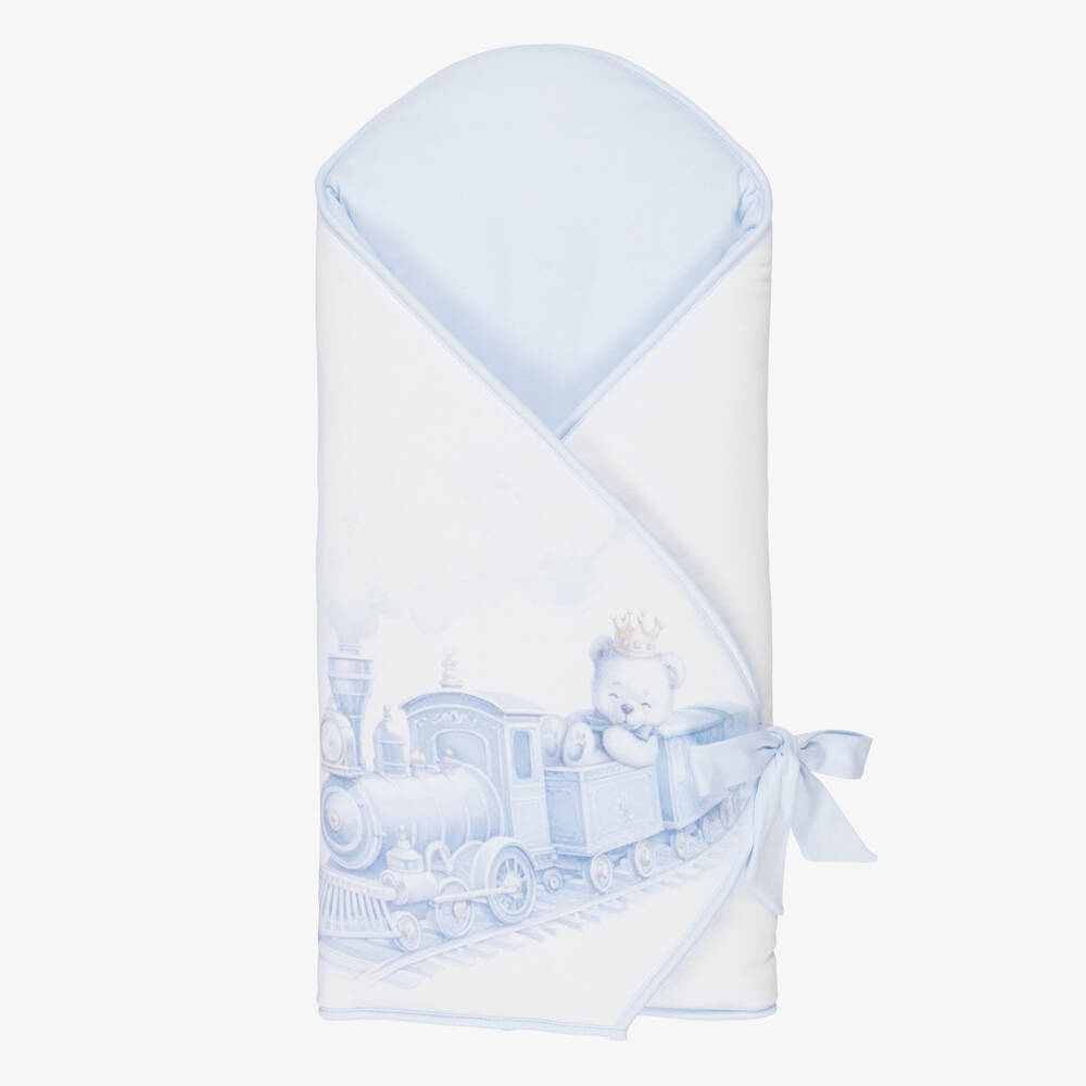 Sofija-White & Blue Cotton Teddy & Train Print Nest (64cm) | Childrensalon