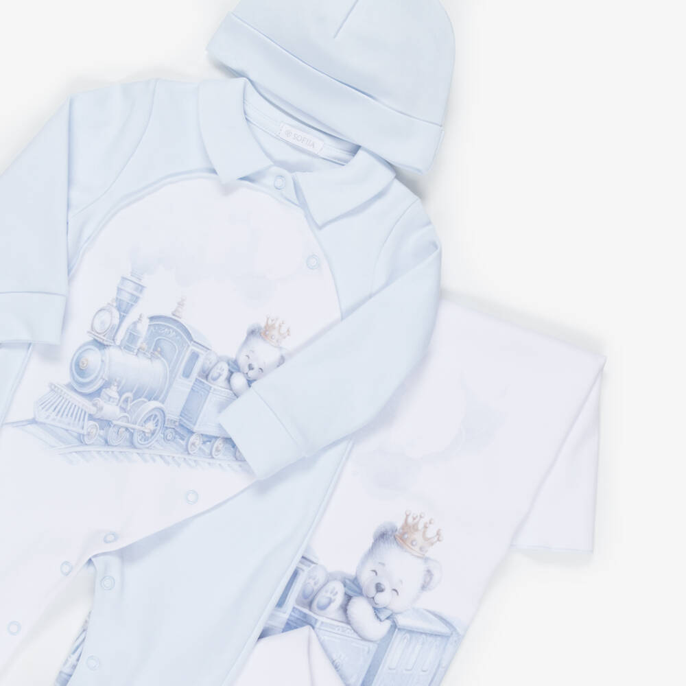 Sofija-طقم أفارول بيبي غرو بطبعة دب قطن لون أبيض وأزرق للأولاد الرضع | Childrensalon