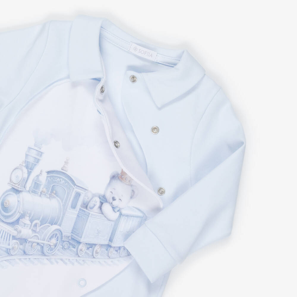 Sofija-طقم أفارول بيبي غرو بطبعة دب قطن لون أبيض وأزرق للأولاد الرضع | Childrensalon