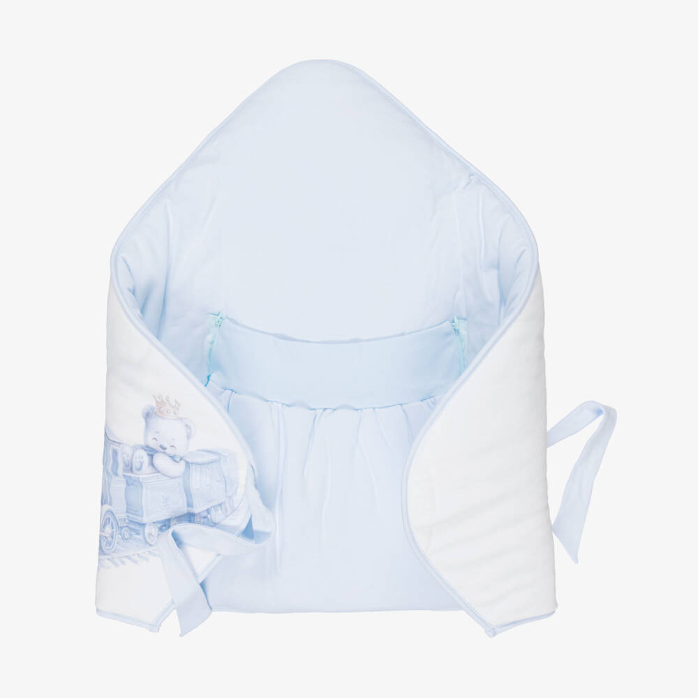 Sofija-White & Blue Cotton Teddy & Train Print Nest (64cm) | Childrensalon