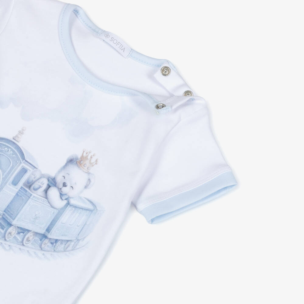 Sofija-Boys White & Blue Cotton Shorts Set with Teddy Bear Print | Childrensalon