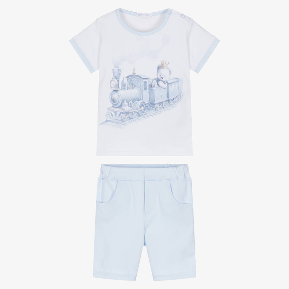 Sofija-Boys White & Blue Cotton Shorts Set with Teddy Bear Print | Childrensalon