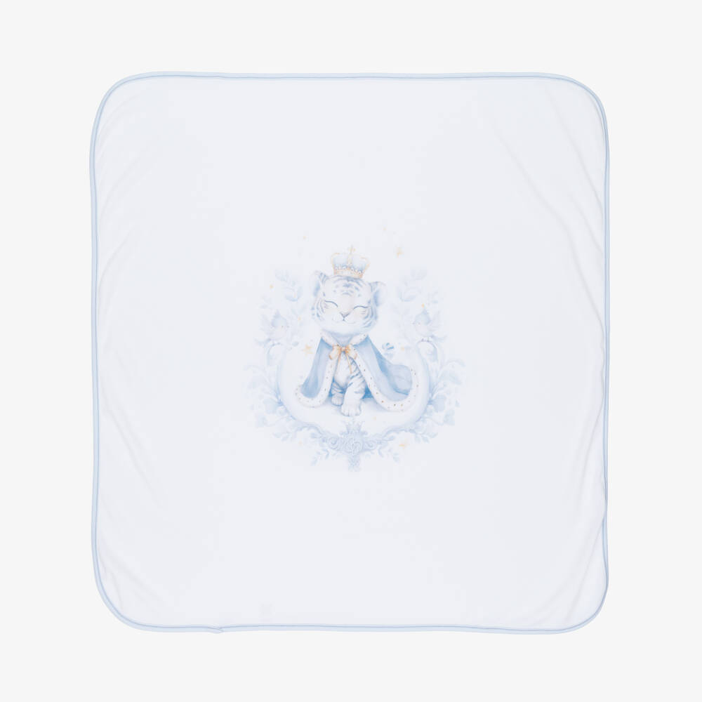 Sofija-White & Blue Tiger Print Cotton Jersey Blanket & Hat Set | Childrensalon