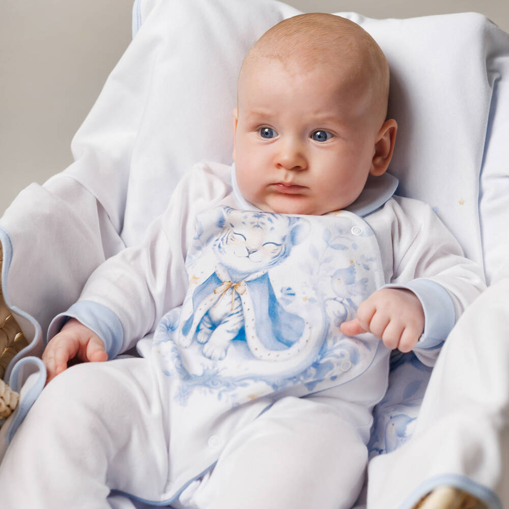 Sofija-White & Blue Tiger Print Cotton Jersey Blanket & Hat Set | Childrensalon