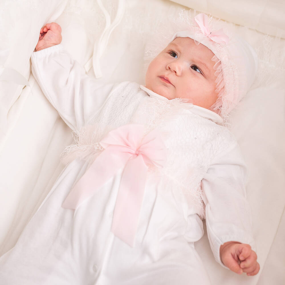 Sofija-White Cotton & Lace Babygrow | Childrensalon