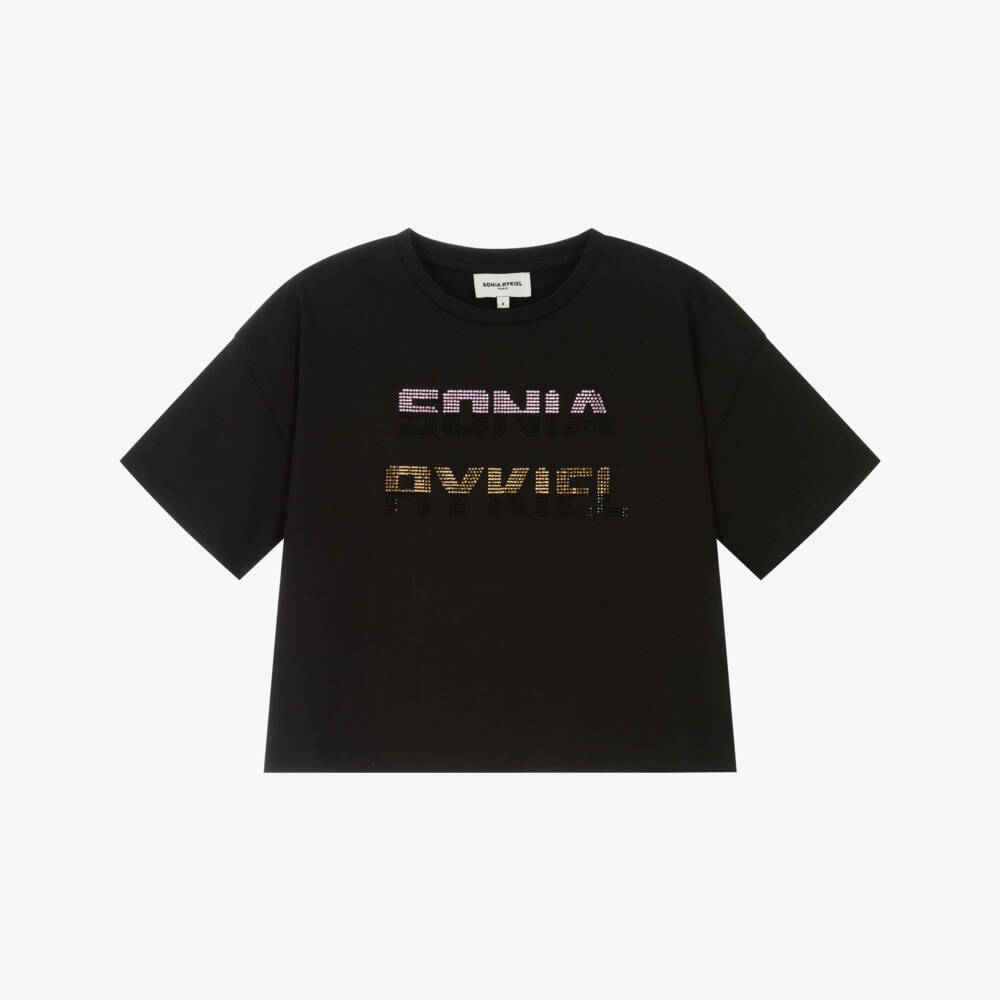 Sonia Rykiel Paris-Girls Black Cotton Diamanté Logo T-Shirt | Childrensalon