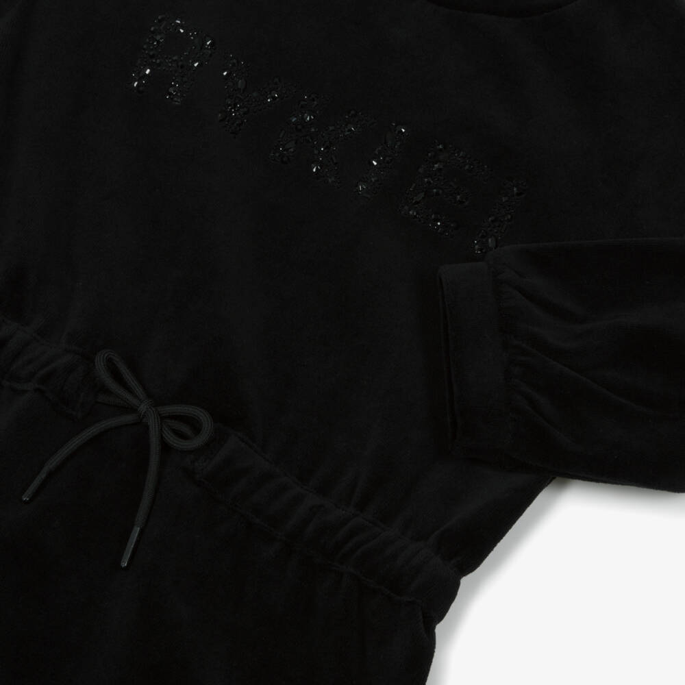 Sonia Rykiel Paris-Girls Black Velour Rhinestone Logo Dress | Childrensalon