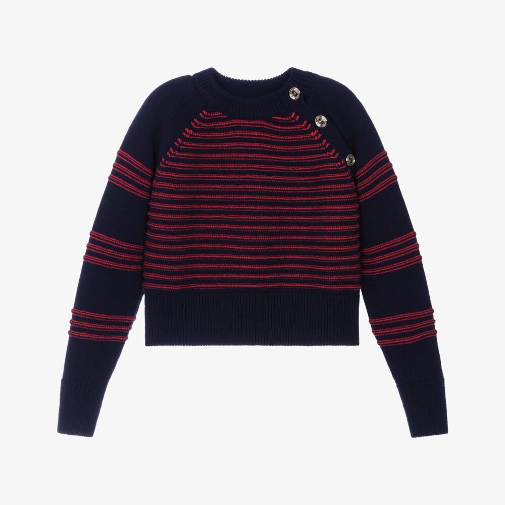 Sonia Rykiel Paris-Girls Blue & Red Striped Cotton Knit Sweater | Childrensalon