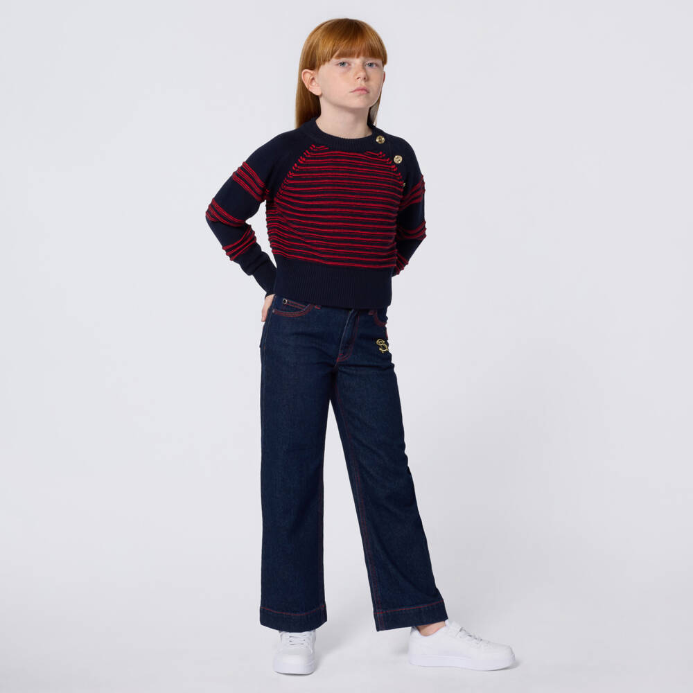 Sonia Rykiel Paris-Girls Blue & Red Striped Cotton Knit Sweater | Childrensalon