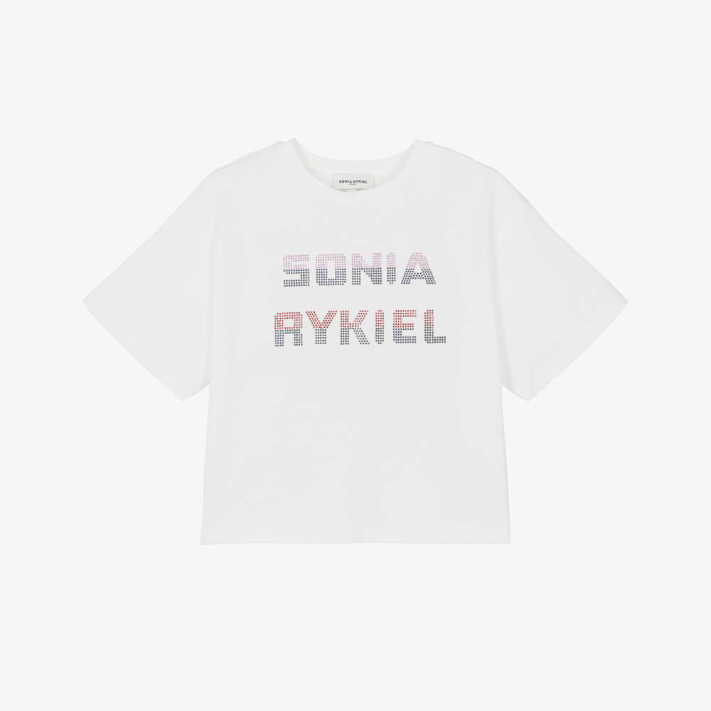 Sonia Rykiel Paris-Girls Ivory Cotton Diamanté Logo T-Shirt | Childrensalon